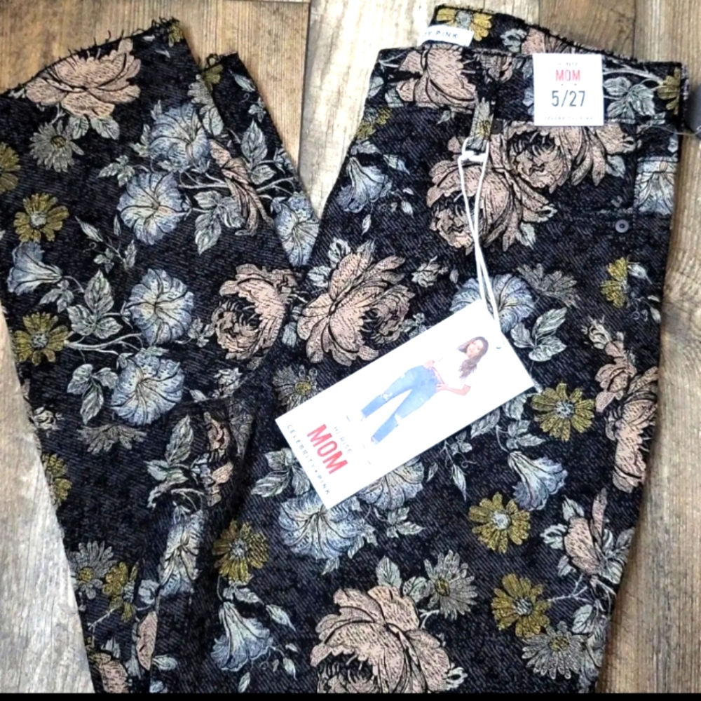 Celebrity Pink Hi Rise MOM Jeans Floral Denim Raw Edge